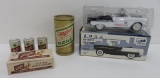 Beer advertising items, Miller puzzle, Schlitz shakers, Hamms 1955 Chevy die cast bank