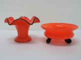Two pieces of art glass, orange and black, vases, Czechoslovakia