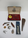 Assorted lot of cuff links, old keys, Boy Scout knife, mess utensil, and Junior Police badge