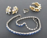 Regency pin and earrings, blue rhinestone necklace and 925 ring