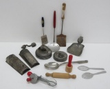 About 15 pieces of children's kitchen utensils, nutmeg graters, wood and metal