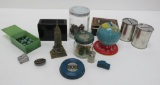 Vintage still banks, toys, card box, and dice
