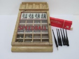Speedball wooden counter display with types and Speedball pen holders