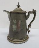 Very Heavy silver plate etched coffee pot, leaves, 11 1/2