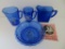 Four pieces of cobalt Modertone Shirley Temple breakfast set, booklet and Modertone pitcher