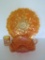 Three carnival glass pieces, marigold, plate, bowl and toothpick holder