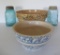 Two spongeware mixing bowls with damage and two blue canning quart jars
