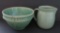 Green stoneware mixing bowl and Western milk pitcher