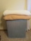 Clothes hamper and two Vellux full size blankets, yellow and white