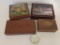 Four dresser trinket storage boxes, two are music box jewelry boxes