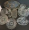 Assorted press glass serving pieces, bowls, serving platters and relish