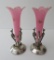 Pink handpainted satin glass bud vases in metal holders, 7 1/4