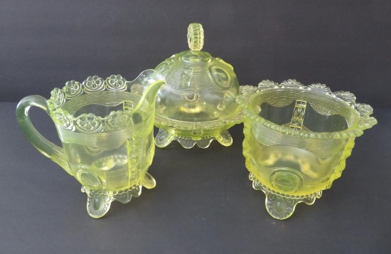 Vaseline glass table service, Dewey Pattern, cream sugar and covered butter