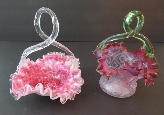 Two art glass baskets, pink peppermint and pink and green