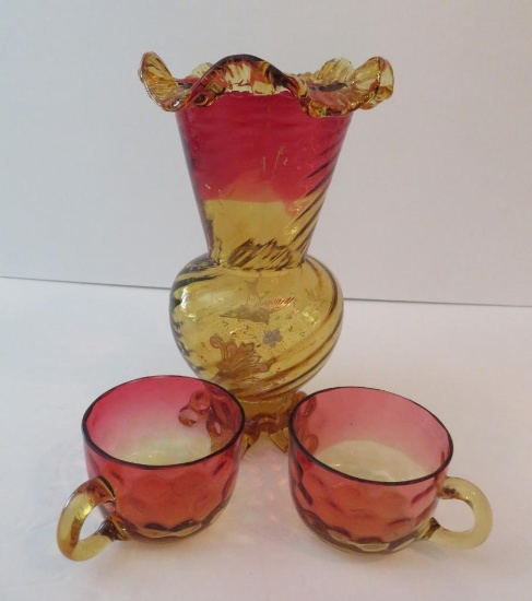 Amberina style vase and two cups