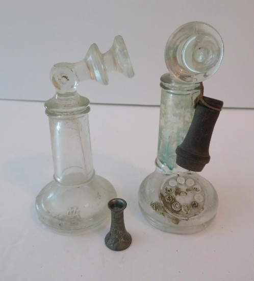 Two glass telephone candy containers, 4" to 5"