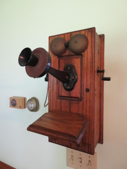 Oak wall telephone with insides, bells ring, 19" tall