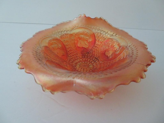 Marigold carnival glass bowl, horse medallion, 7 1/2"