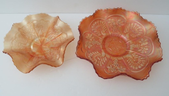 Two Peacock carnival glass dishes, marigold, 9" and 7"