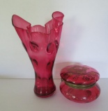Cranberry vase and covered trinket box
