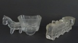 Two vintage candy containers, train and horse drawn cart, 4 1/2