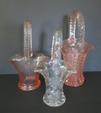 Three vintage glass baskets, pink pattern and clear with etching