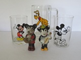 Vintage Disney lot with two bisque figures of Mickey and Minnie & three glasses