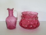Cranberry coin spot bowl with applied lace and lavender hand blown pitcher