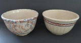 Two spongeware stoneware mixing bowls, panel sided and banded, 7