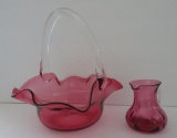Two lavender hand blown glass basket and pitcher