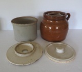 Stoneware lot with 1/2 bean pot, churn lid and butter crock