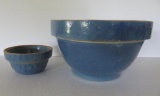 Two rustic farmhouse blue stoneware mixing bowls, 10
