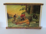 Remington style hunt print in bark frame, bear and canoe, 16