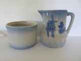 Blue and White stoneware, butter crock base and windmill milk pitcher