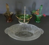 Tiger and Cherub pattern glass relish dish, glass flowers and glass baskets