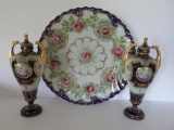 Cobalt and floral decorated china, to covered vases and plate