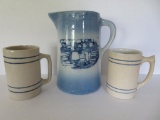 Blue and White stoneware milk pitcher, Dutch, and two blue banded mugs