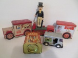 5 Metal and plastic banks and delivery truck tins