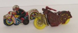 Two motorcylce toys,tin and plastic, 3 1/2