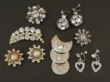 Rhinestone jewelry lot, three sets of earrings, 3 pins and dress clip