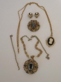 Costume jewelry cameo lot, pins, necklace and earrings