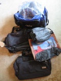 Carry on bags, leather toiletry bag, travel pillow and blanket