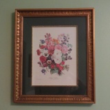 Country floral framed print, ornate gold frame, 16 1/2