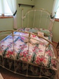 Full size metal bed frame, brass and metal, with bedspread and sheet set