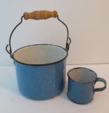 Robin egg blue enamelware beer bucket and mug