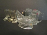 Assorted glass candy containers, boots and hen