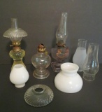 Three miniature oil lamps and shades, 4 1/2