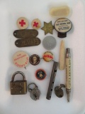 Advertising, political buttons, Red Cross,and Hartford Wis pins