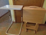 Three wood television trays on stand and incline chair desk