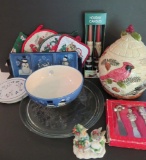 Christmas hostess items, cookie jar, cookie plate and snowman serving pieces